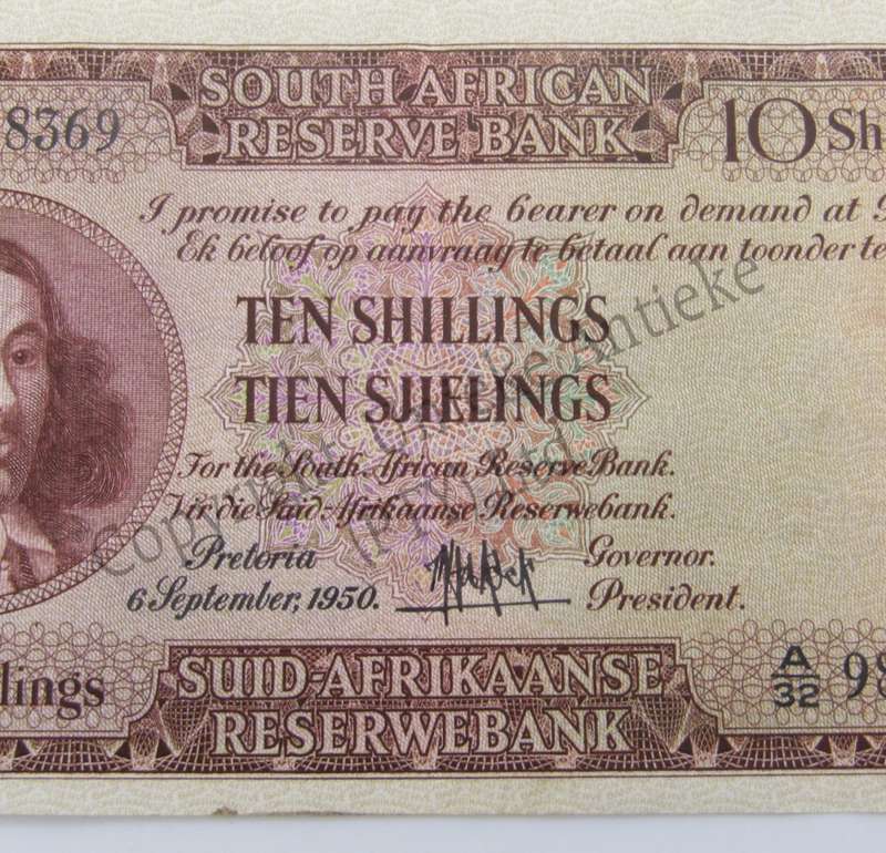 MH de Kock Ten Shillings 1950 - E/A - A32 - EF+ with creases