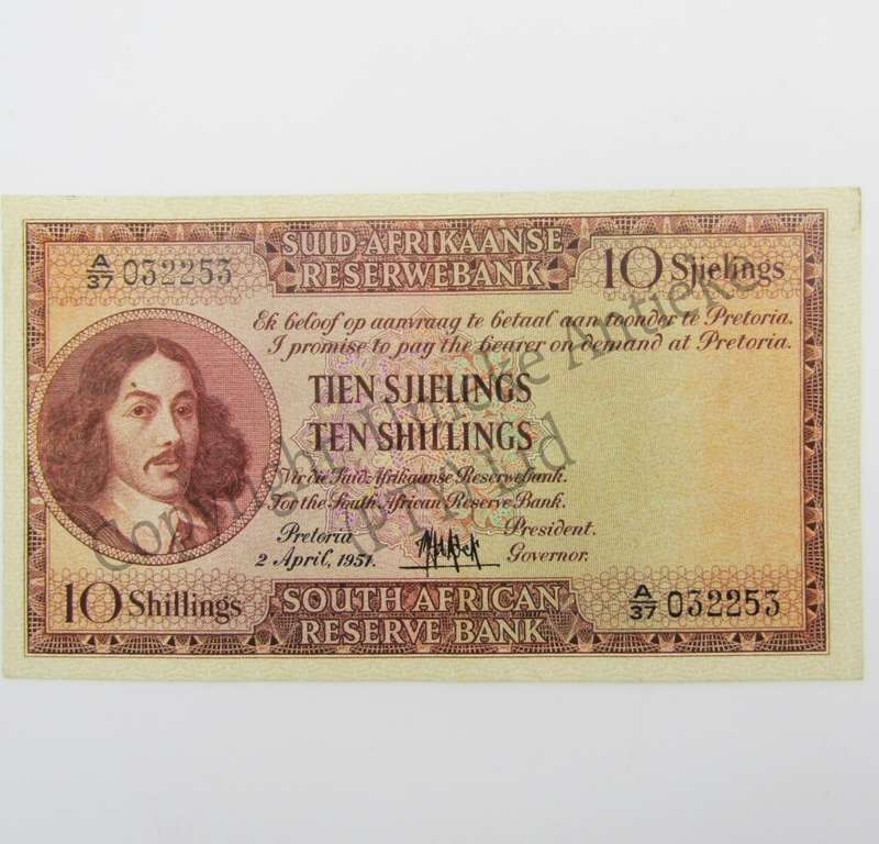 MH de Kock Ten Shillings 1951 - A/E - A37 - AU+ ( Uncirculated centre crease )
