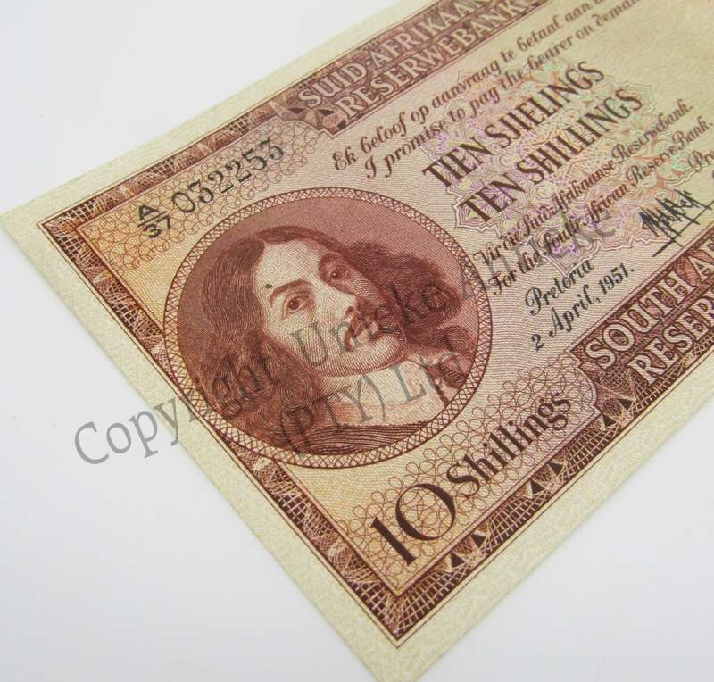 MH de Kock Ten Shillings 1951 - A/E - A37 - AU+ ( Uncirculated centre crease )