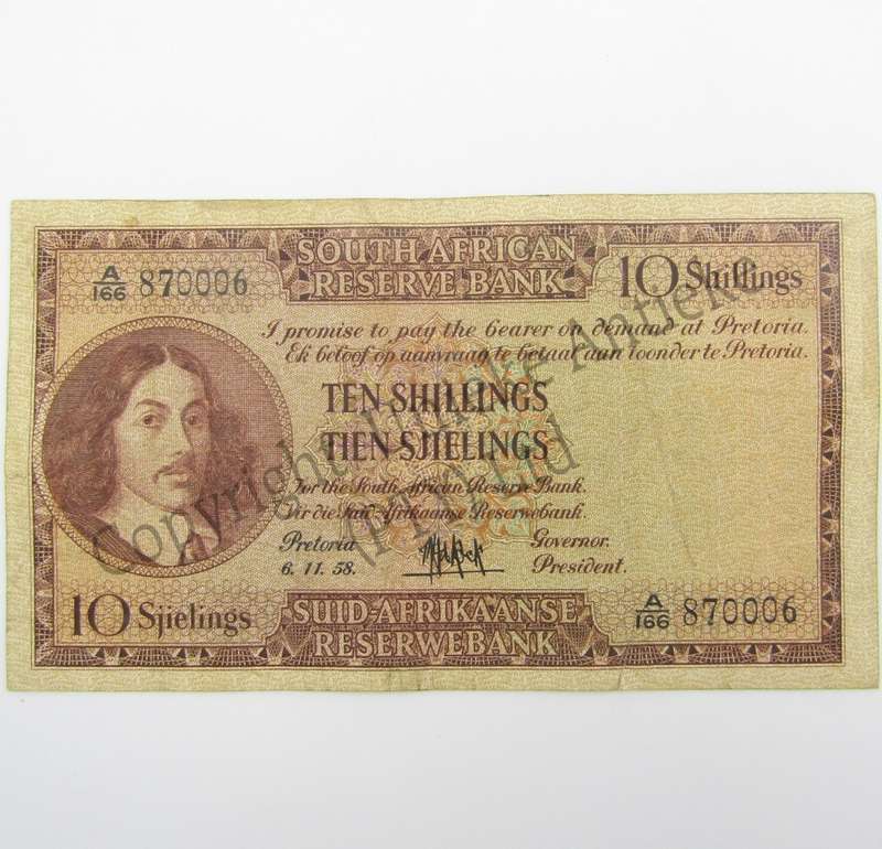 MH de Kock Ten Shillings 1958 - E/A - A166 - Small side & bottom tears - aVF