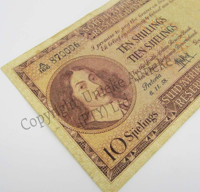 MH de Kock Ten Shillings 1958 - E/A - A166 - Small side & bottom tears - aVF