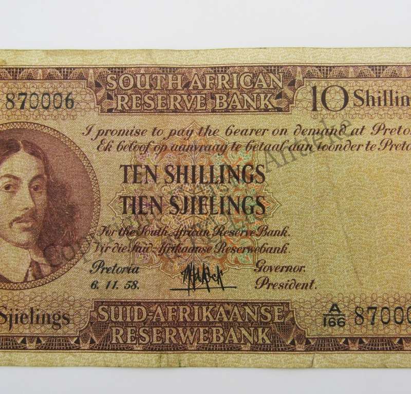MH de Kock Ten Shillings 1958 - E/A - A166 - Small side & bottom tears - aVF