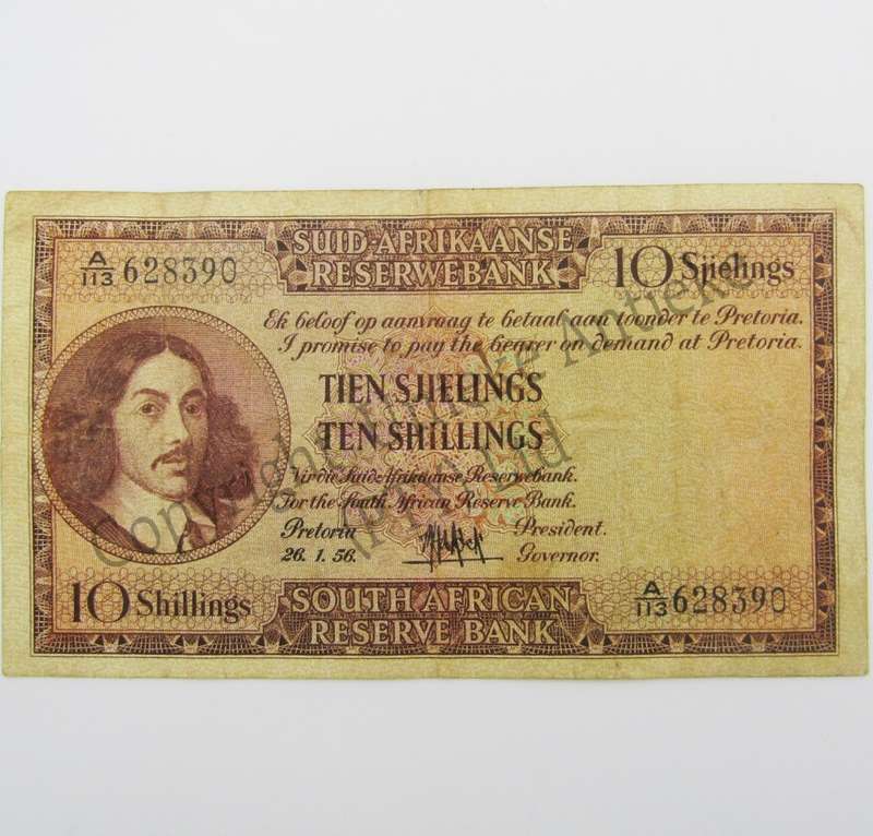 MH de Kock Ten Shillings Banknote 1956 - A/E - A113 - VF+