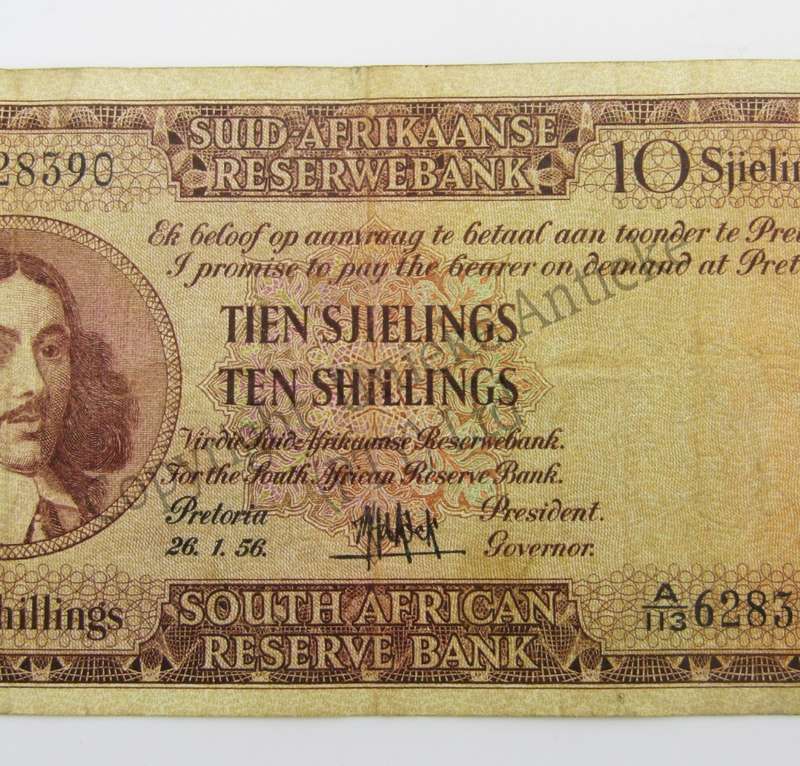 MH de Kock Ten Shillings Banknote 1956 - A/E - A113 - VF+