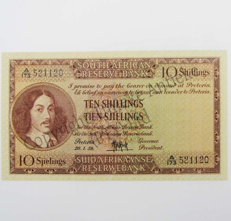 MH de Kock Ten Shillings Banknote 1959 - E/A - AU+ - A173 (Uncirculated with single middle crease )