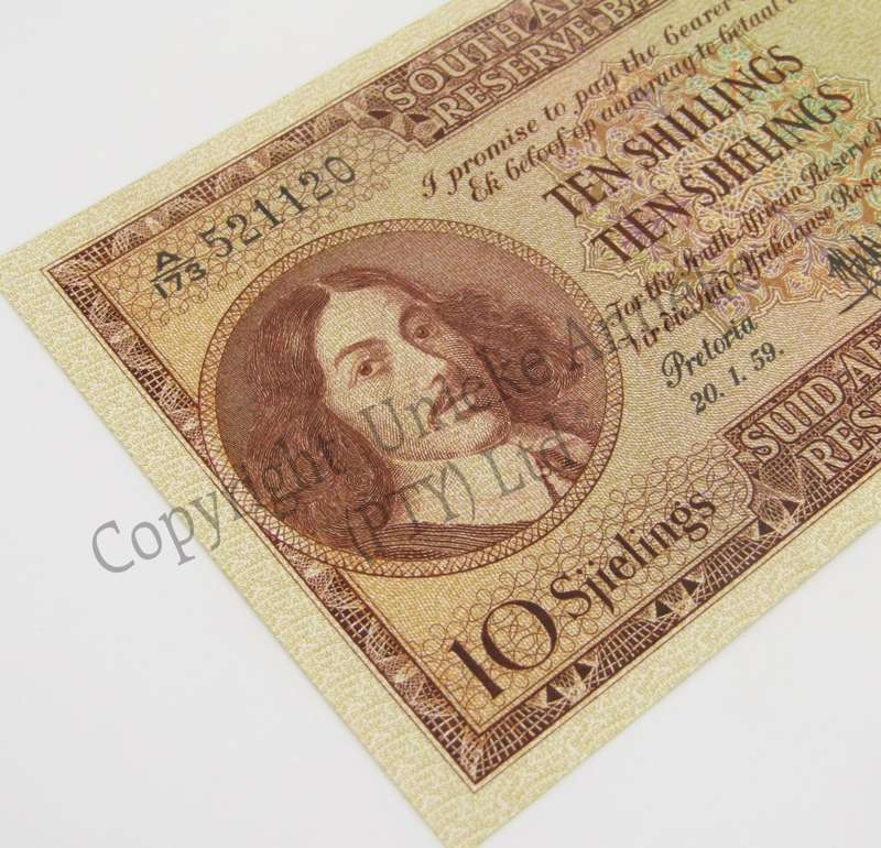 MH de Kock Ten Shillings Banknote 1959 - E/A - AU+ - A173 (Uncirculated with single middle crease )