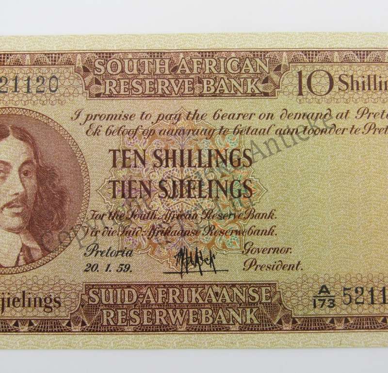 MH de Kock Ten Shillings Banknote 1959 - E/A - AU+ - A173 (Uncirculated with single middle crease )