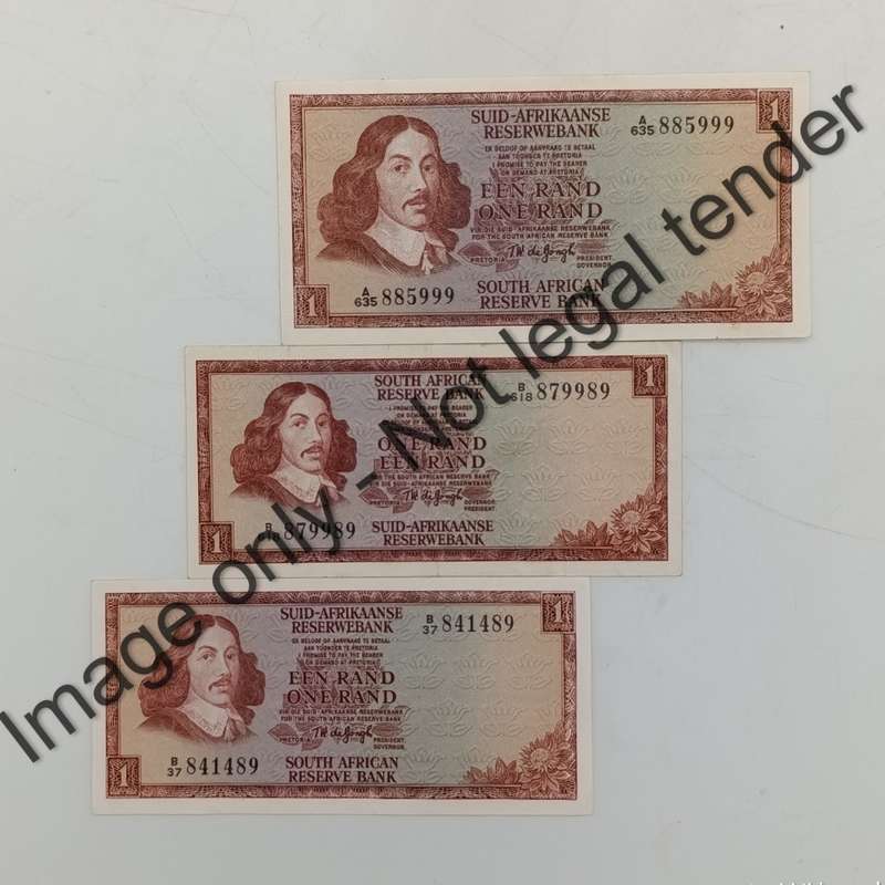 TW de Jongh Lot of 3x R1 banknotes 1st,2nd and 3rd issues all starting with 8 and ending with 9
