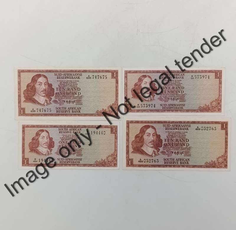 TW de Jongh lot of 4 R1 banknotes from 1967, 1972, 1973, 1975 covering Ist, 2nd, 3rd Issues