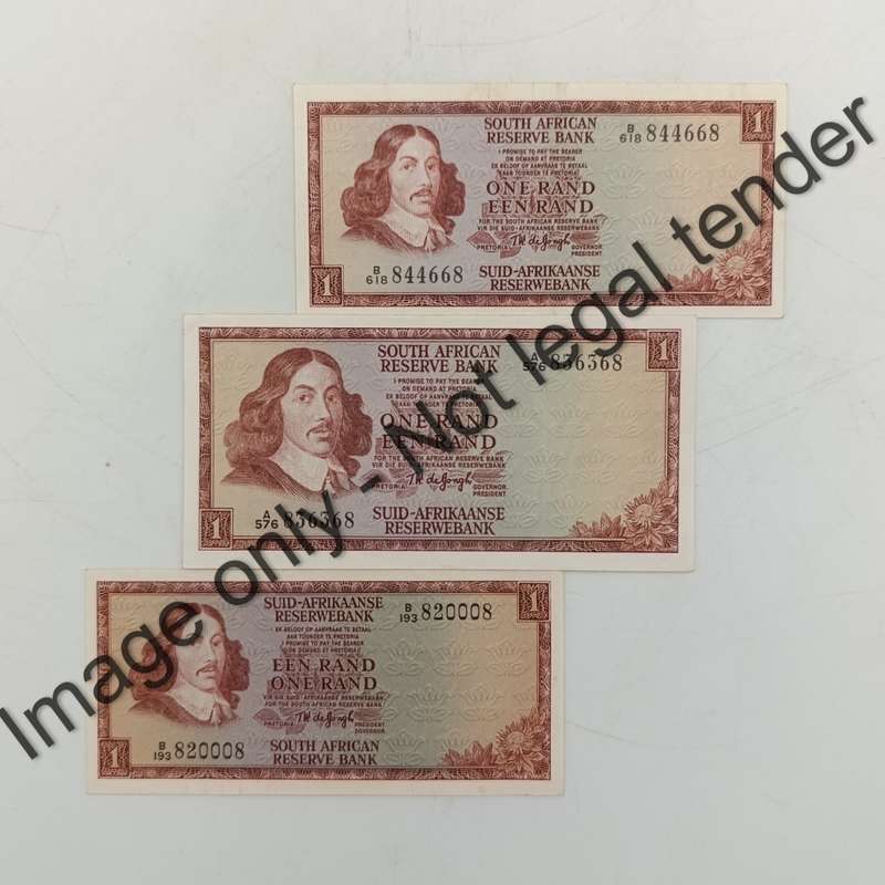 TW de Jongh Lot of 3x R1 banknotes First, Second & Third Issues - all starting and ending with 8