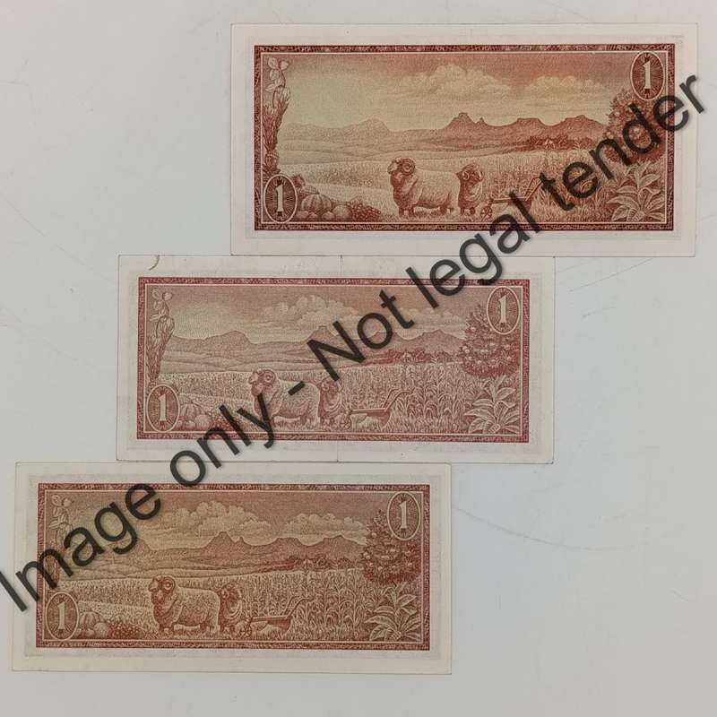 TW de Jongh Lot of 3x R1 banknotes First, Second & Third Issues - all starting and ending with 8