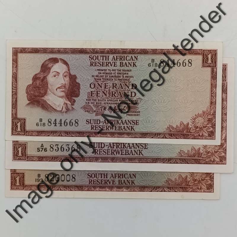 TW de Jongh Lot of 3x R1 banknotes First, Second & Third Issues - all starting and ending with 8