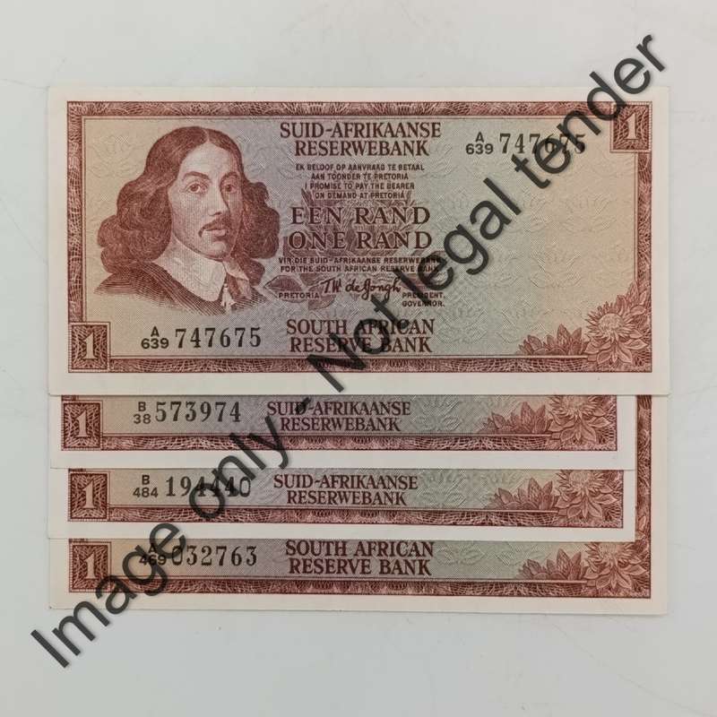 TW de Jongh lot of 4 R1 banknotes from 1967, 1972, 1973, 1975 covering Ist, 2nd, 3rd Issues