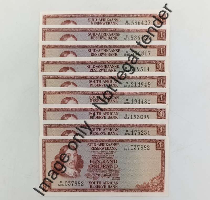 TW de Jongh 3rd Issue - Lot of 9 uncirculated R1 banknotes