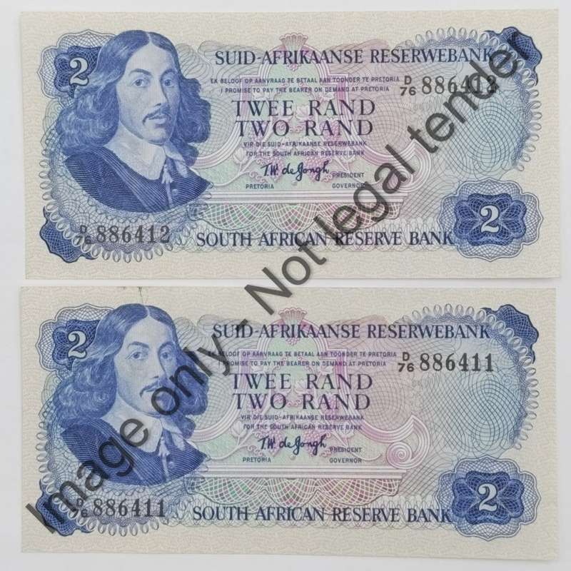 TW de Jongh 2nd issue uncirculated R2 notes - consecutive numbered pair D76