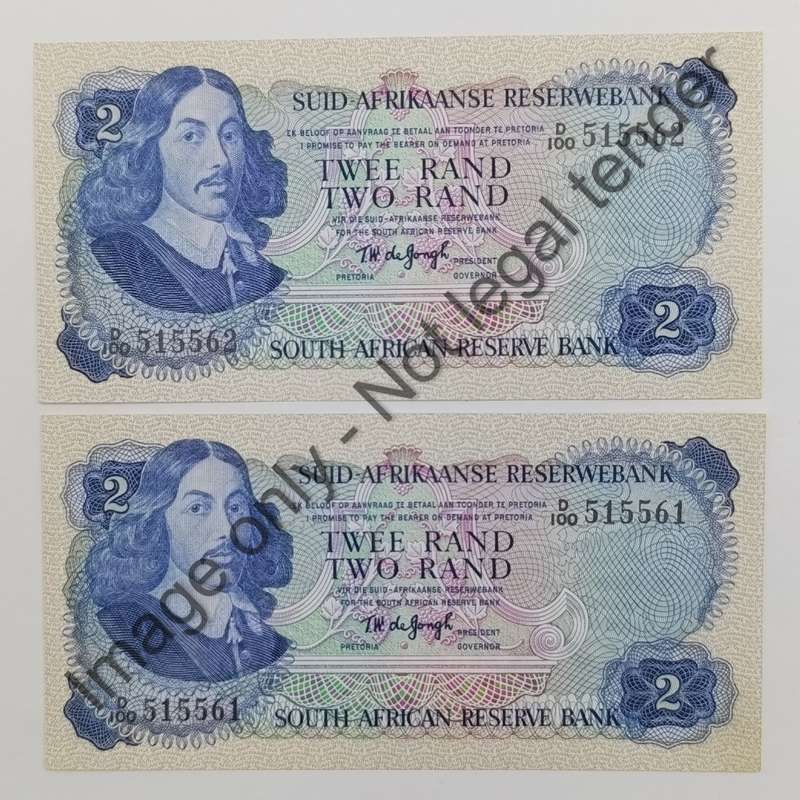 TW de Jongh 2nd issue R2 notes pair uncirculated with consecutive numbers D100