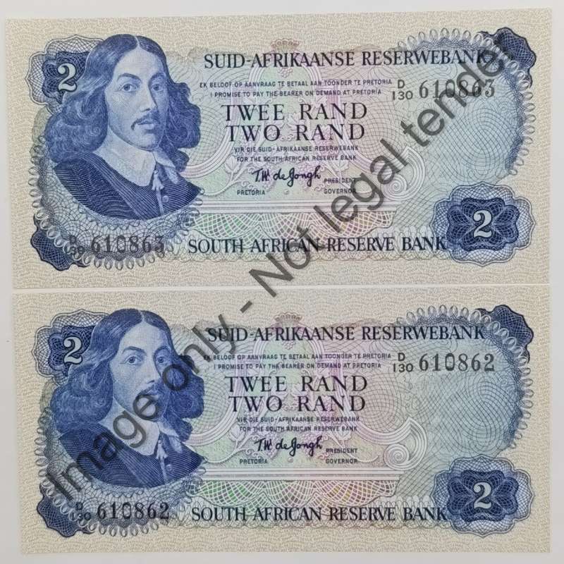 TW de Jongh 2nd issue uncirculated pair of R2 banknotes with consecutive numbers D130