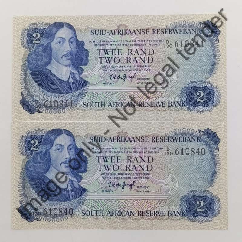 TW de Jongh 2nd issue uncirculated pair of R2 notes with consecutive numbers D130