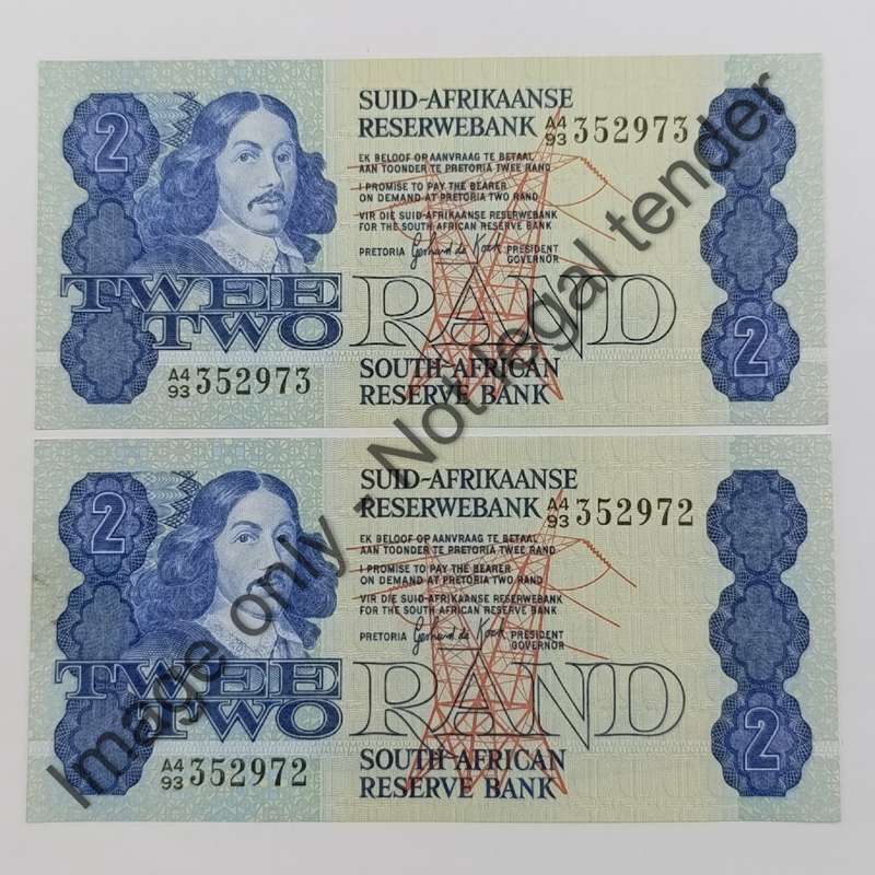GPC de Kock 2nd issue Pair of R2 banknotes uncirculated with consecutive numbers A4/93