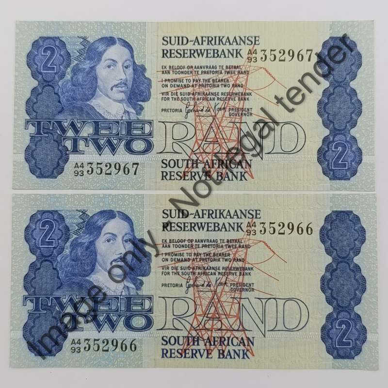 GPC de Kock 2nd, issue, Pair of R2 banknotes uncirculated with consecutive numbers A4/93