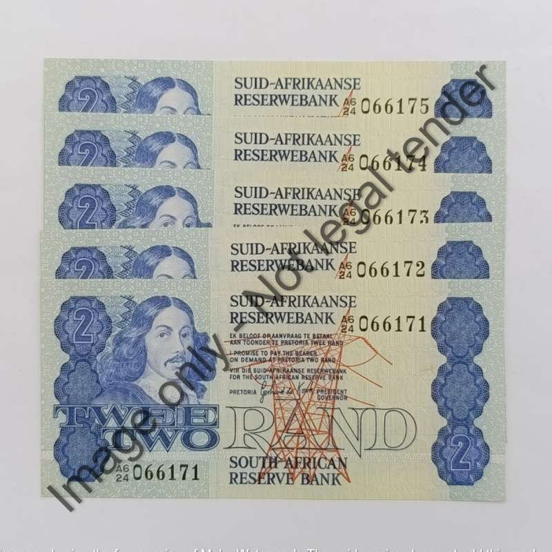GPC de Kock 2nd issue Lot of 5 uncirculated R2 notes with consecutive numbers A6/24 - 1981
