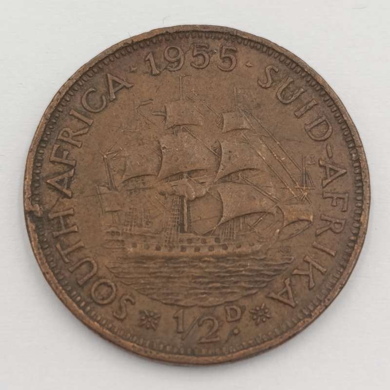 1955 South Africa half penny with cracked die marks A of Africa and 1955