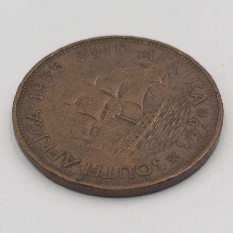 1955 South Africa half penny with cracked die marks A of Africa and 1955