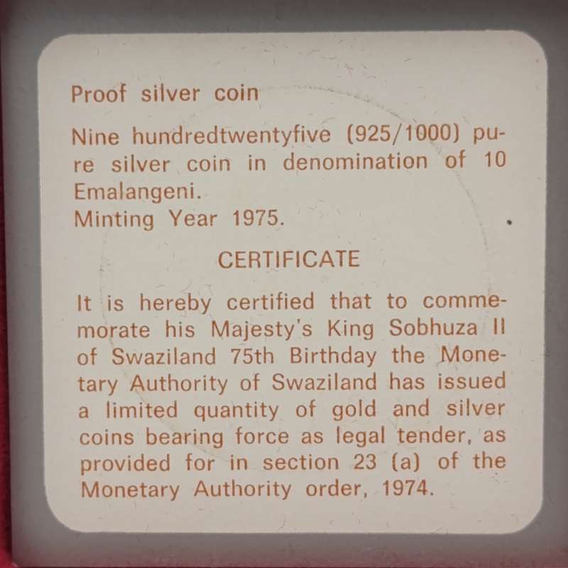 Swaziland 1975 Proof 10 Emalangeni in red box of issue - only 1500 minted! Very scarce