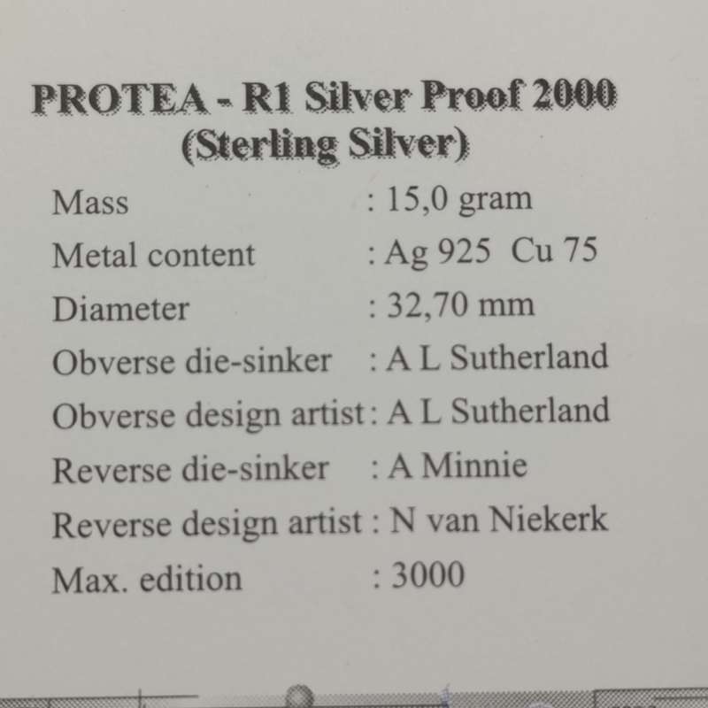 Wine Industry silver Protea R1 Proof 2000 - mintage 1519