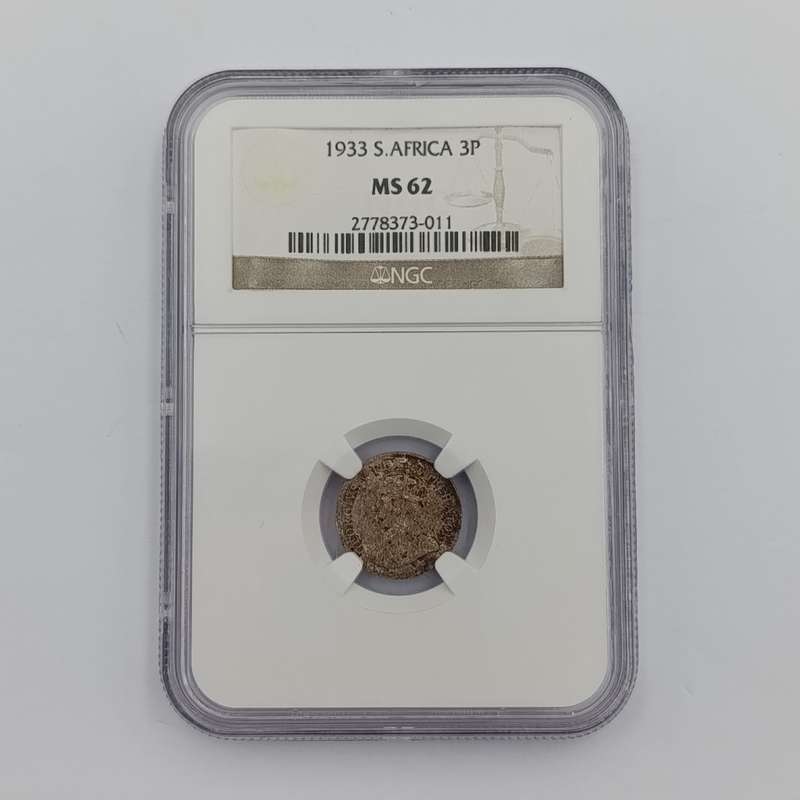 1933 SA Union silver 3d tickey graded MS62 by NGC