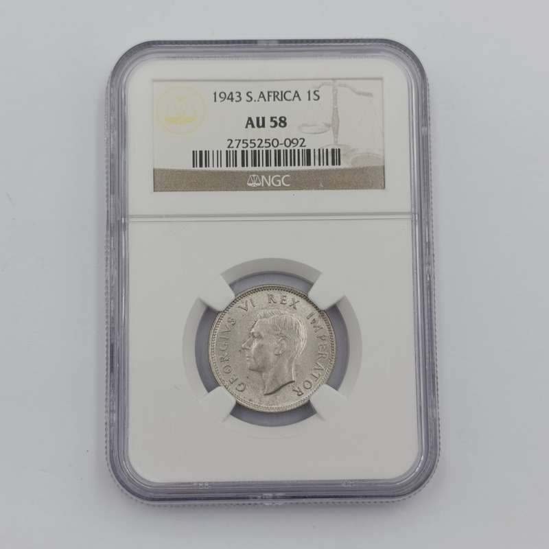 1943 SA Union silver 1 Shilling graded AU 58 by NGC
