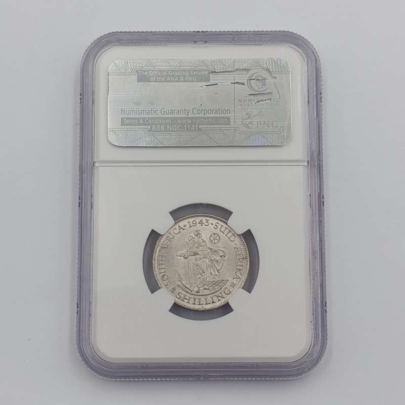 1943 SA Union silver 1 Shilling graded AU 58 by NGC