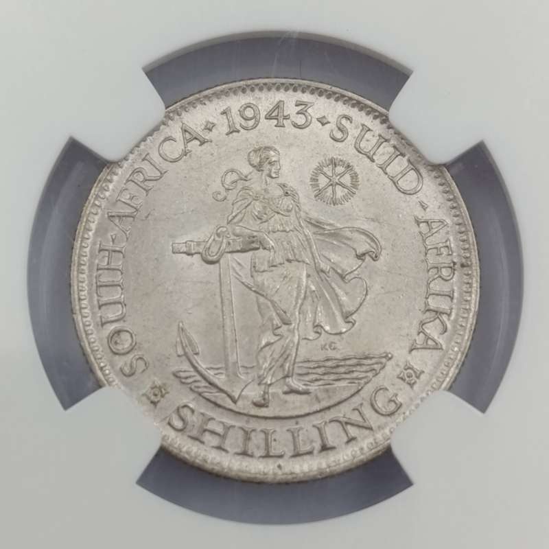 1943 SA Union silver 1 Shilling graded AU 58 by NGC