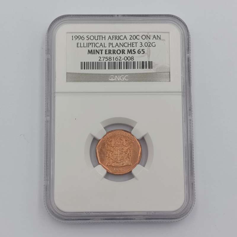 1996 RSA 20 cent on an Elliptical planchet mint error graded MS 65 by NGC