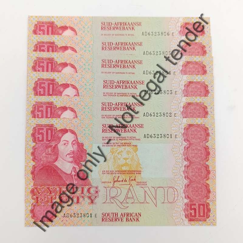 South Africa Banknotes Lot of 6 x R50 notes GPC de Kock - uncirculated with consecutive numbers