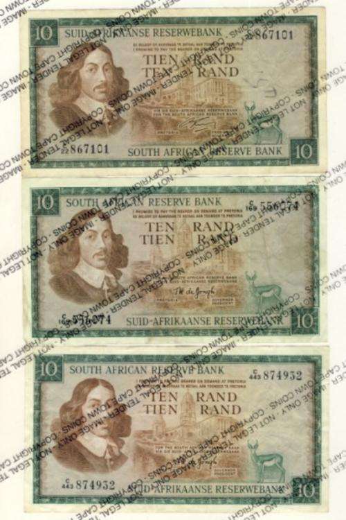 Lot of 3 Ten Rand notes Rissik 2nd issue, TW de Jongh 1st & 3rd issue @@@ Crazy R1 Start