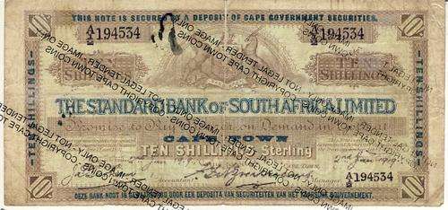 Pre Reserve Bank / Standard Bank Ten Shillings issue as per scan small tear in middle - 2 Jan 1919