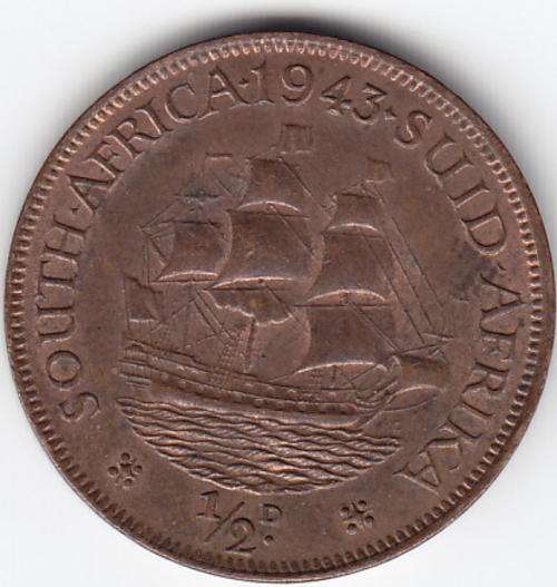 South Africa 1943 half penny UNC - Book value of R650