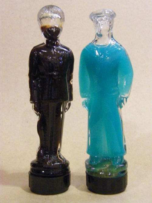 Pair of miniature Glass liqueur bottles - Sailor & Beefeater - Rocher curacao & cherry brandy