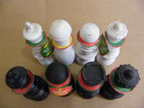 Lot of 8 Scnaps bottles, shaped like chess pieces  - unopened & still with contents  - vintage