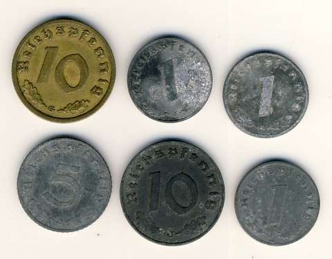 6 German Third Reich coins with SWASTIKAS - only the reverse scanned to keep within Bid or Buy rules