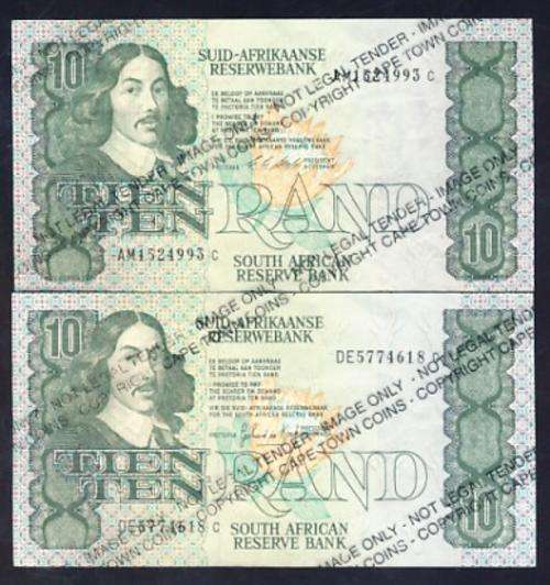 SA - Pair of Stals & De Kock R10 notes - excellent - as per scan