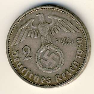 Germany Nazi 2 Reichsmark 1939 A Hindenburg with Swastika