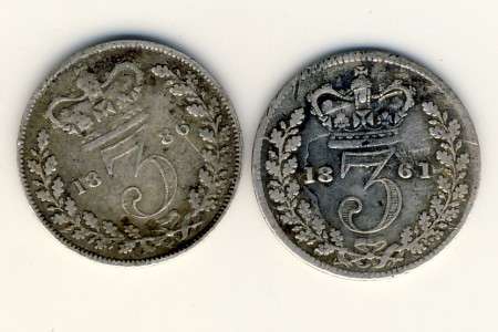 Great Britain 1861 & 1886 three pence coins
