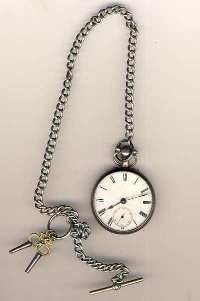 Antique silver pocket watch with 2 keys and FOB chain - unfortunately no glass
