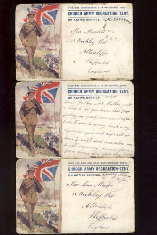 Lot of 3 WW1 - Church army recreation tent on active service postcards - as per scan