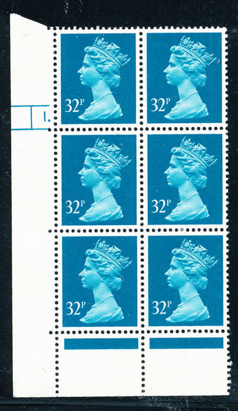 Great Britain Cylinder Blocks - 1971 - 96 - 32p greenish-blue Phos paper mint unhinged. SG-983.