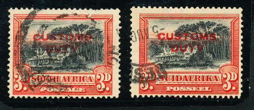 South Africa Customs Duty - 1926 - 3d black & red Eng & Afrk singles red ovpt fine used SACC B&H 13