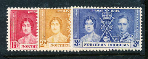 Northern Rhodesia - 1937 - Coronation set of 3 mint hinged . SG 22-24 .