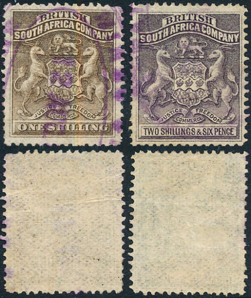 Rhodesia - 1892 - 1s grey-brown and 2s 6d grey purple fiscally used . SG 4, 6 .